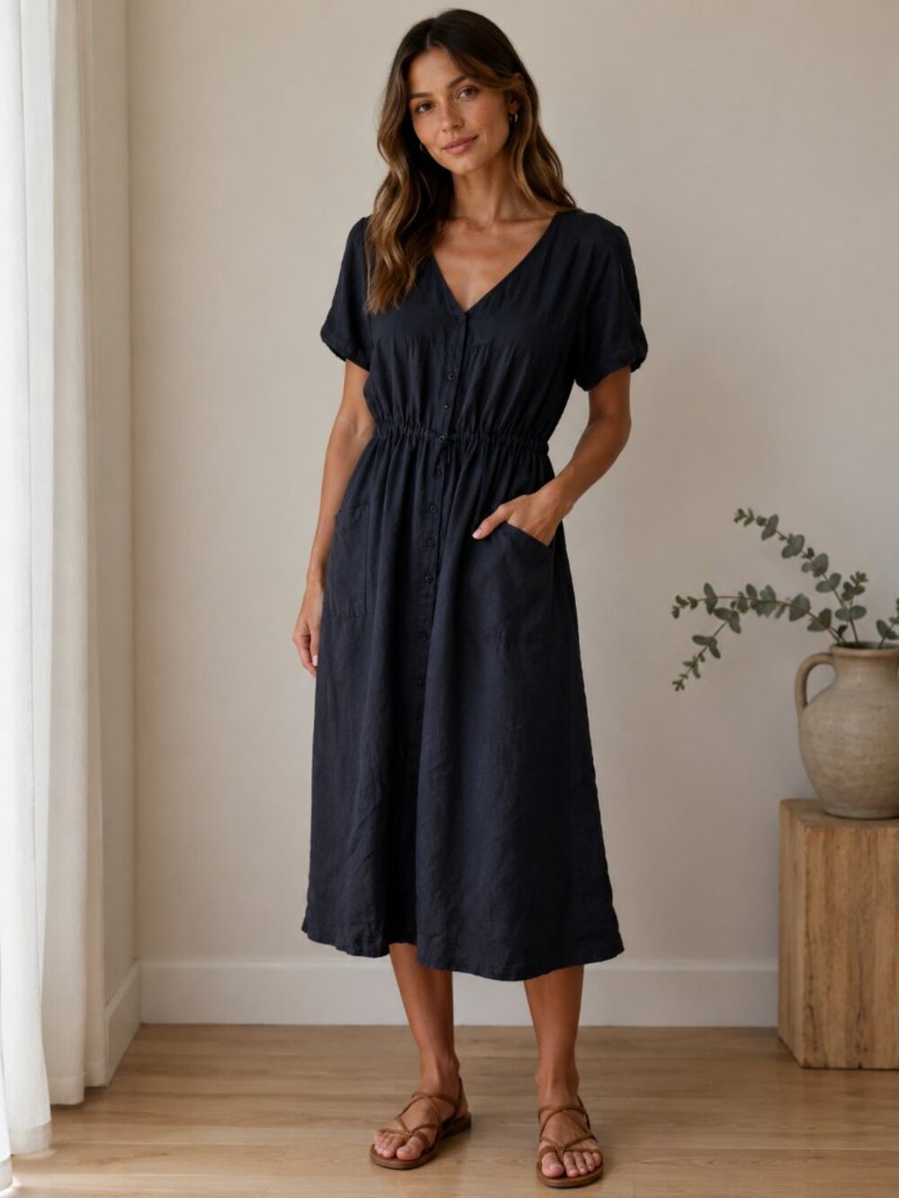 LONGWAY Navy Midi Dress with Pockets Drawstring Waist Sz M Lightweight Flowy
